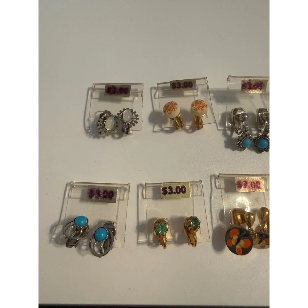 Vintage Clip On Earring Lot 8 Pairs Enamel Butterfly Turquoise Tone Floral Mixed